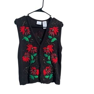 Holiday Floral Embroidered Black‎ Vest Bobbie Brooks Ladies Small 4/6 Vintage